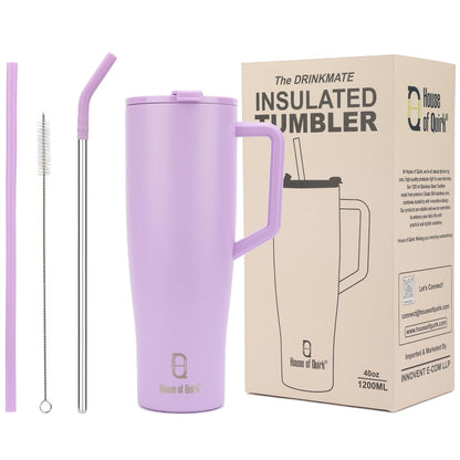 House of Quirk 1200ML Tumbler with Handle and 2 Straw Flip Lid - Lavender