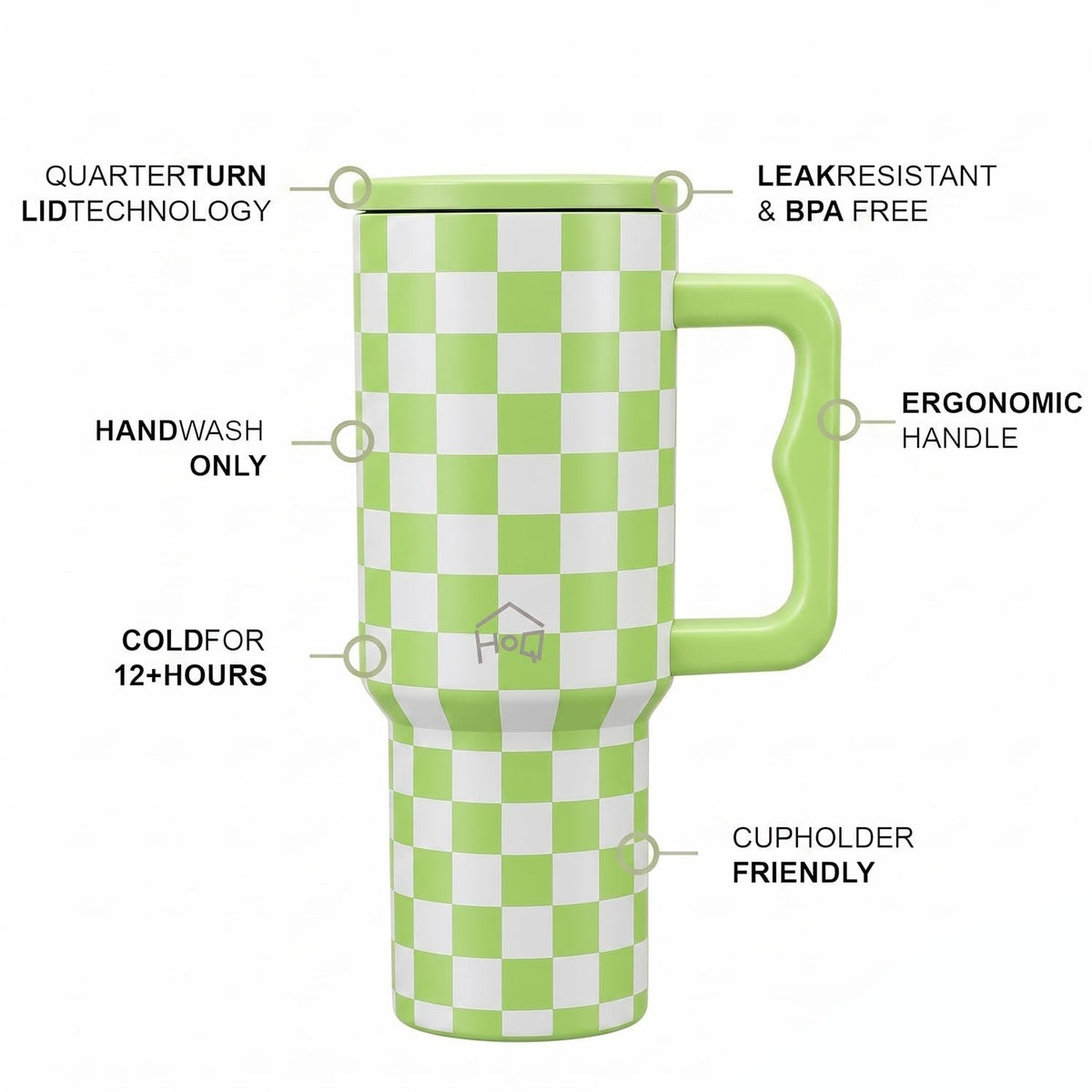 House of Quirk 1200ML Stainless Steel Tumbler with Handle & Lid - Lime Check