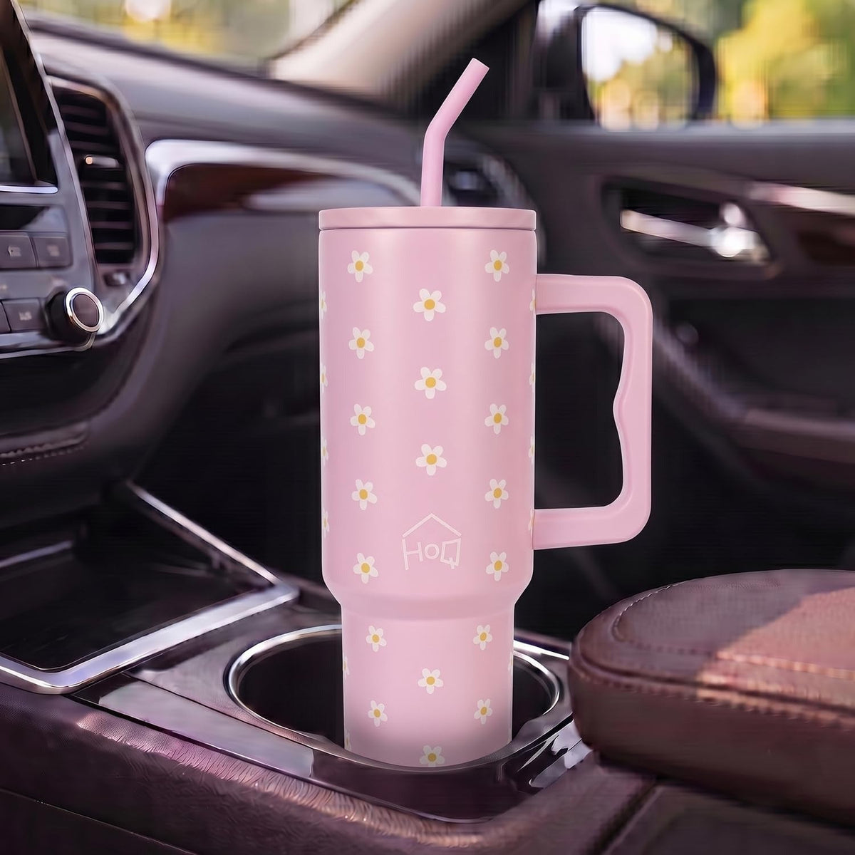 House of Quirk 1200ML Stainless Steel Tumbler with Handle & Lid - Pink Daisy