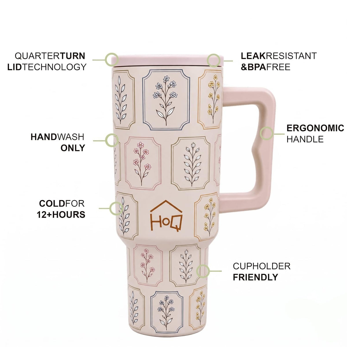 House of Quirk 1200ML Stainless Steel Tumbler with Handle - Oat Flora