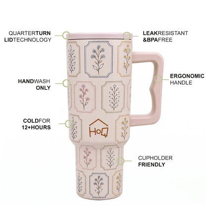 House of Quirk 1200ML Stainless Steel Tumbler with Handle - Oat Flora