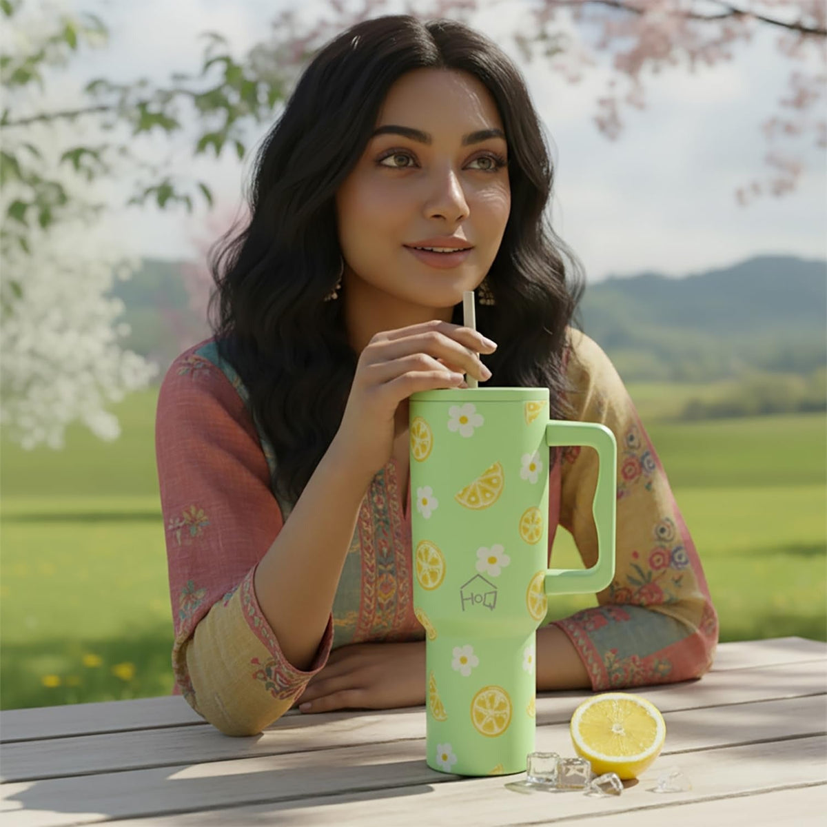 House of Quirk 1200ML Stainless Steel Tumbler with Handle & Lid - Green Lemon