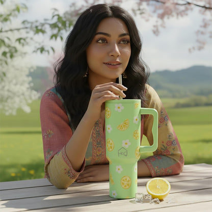 House of Quirk 1200ML Stainless Steel Tumbler with Handle & Lid - Green Lemon