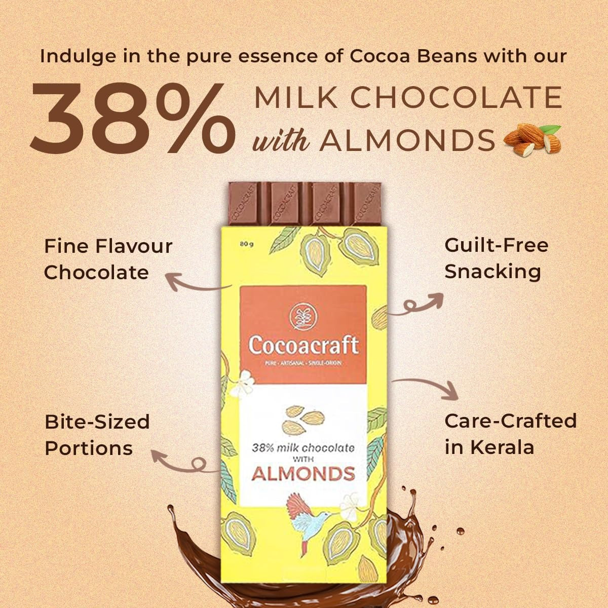Cocoacraft 38% Milk Chocolate Bar with Almonds - 80g