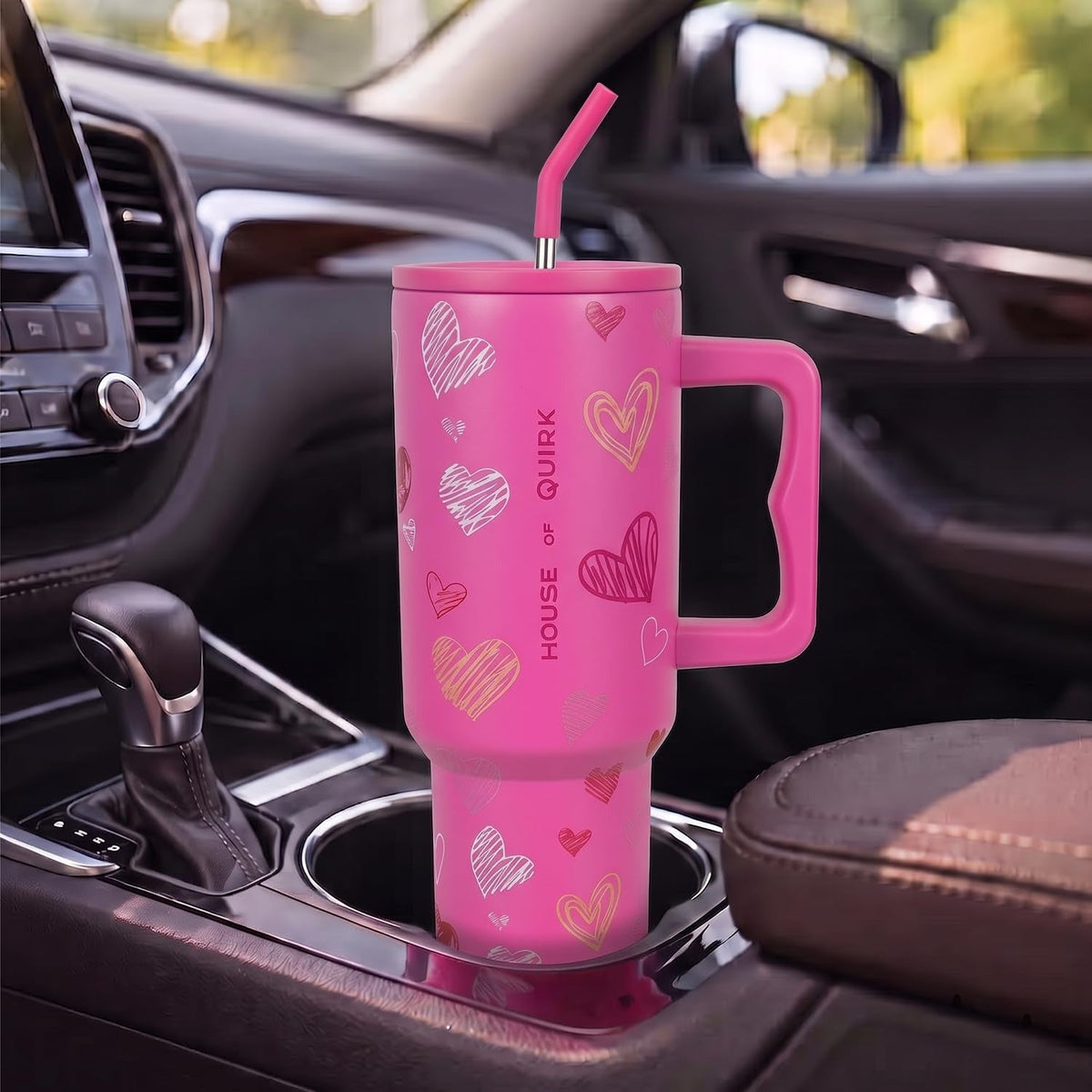 House of Quirk 1200ML Stainless Steel Tumbler with Handle & Lid - Rose Heart