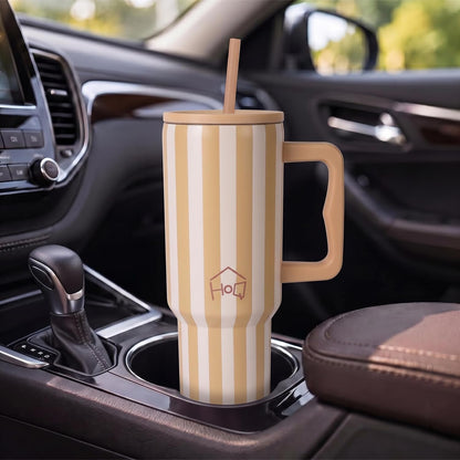House of Quirk 1200ML Stainless Steel Tumbler with Handle & Lid - Butter Stripe