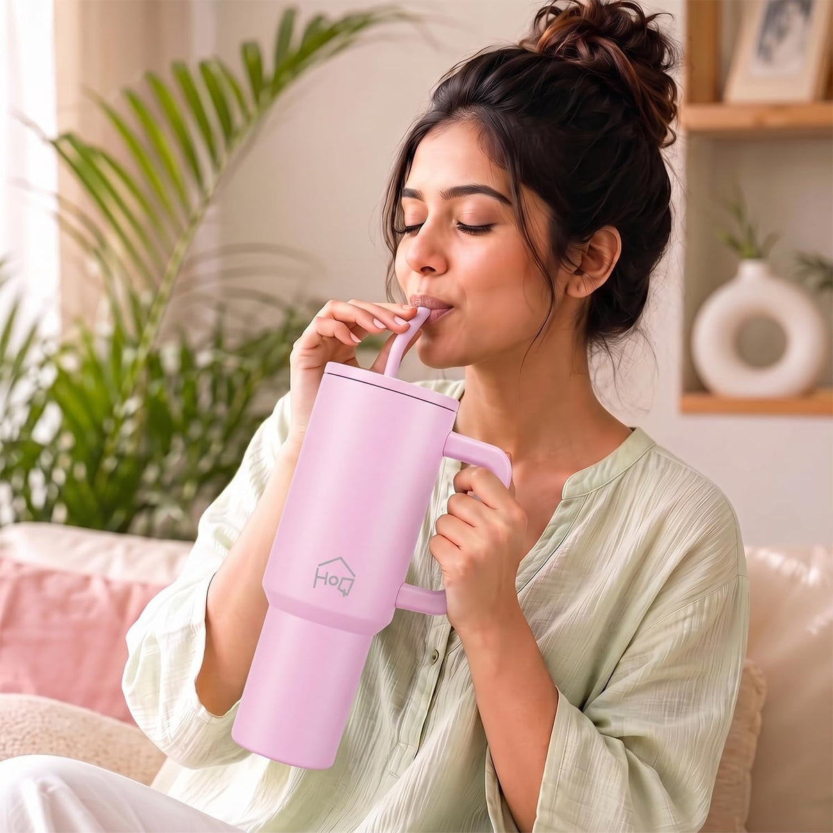 House of Quirk 1200ML Stainless Steel Tumbler with Handle & Lid Misty Rose