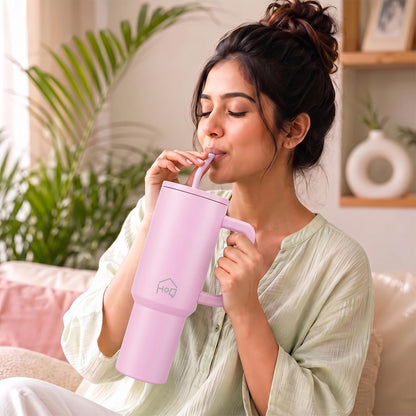 House of Quirk 1200ML Stainless Steel Tumbler with Handle & Lid Misty Rose