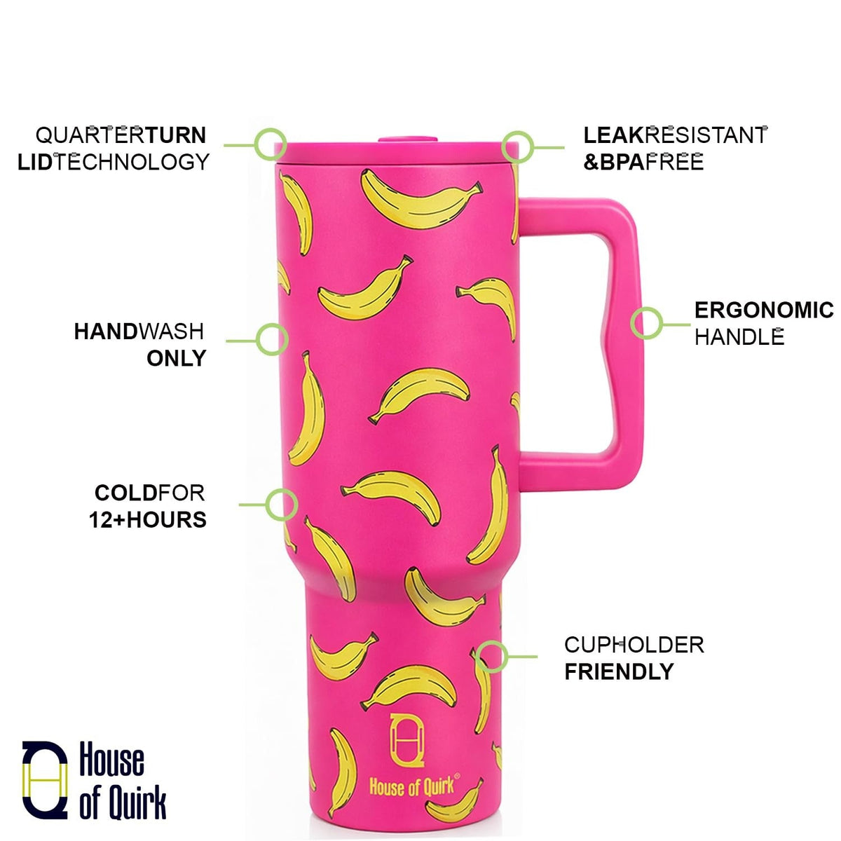 House of Quirk 1200ML Stainless Steel Tumbler with Handle & Lid - Banana Pink