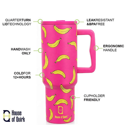 House of Quirk 1200ML Stainless Steel Tumbler with Handle & Lid - Banana Pink