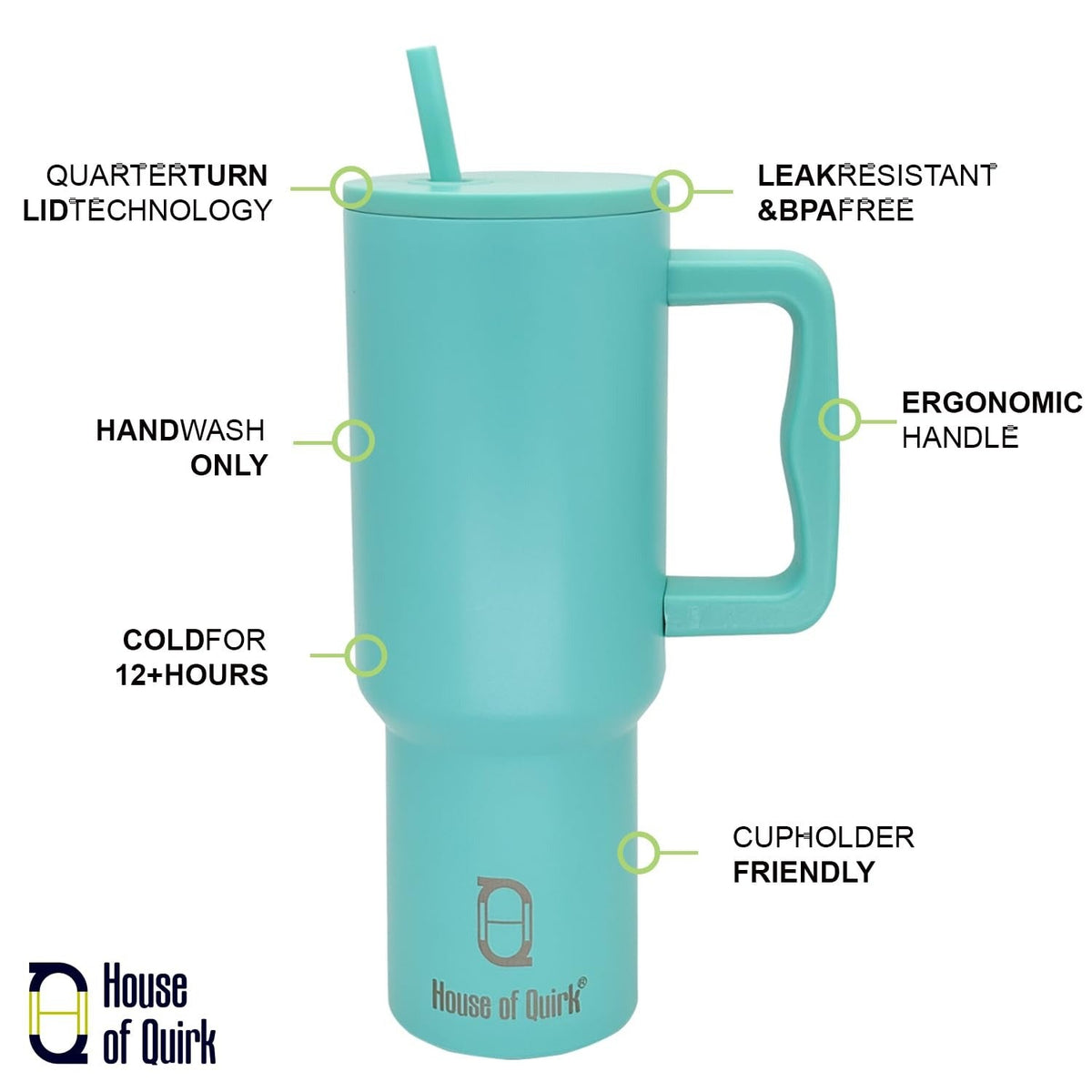 House of Quirk 1200ML Stainless Steel Tumbler with Handle & Lid - Turquoise