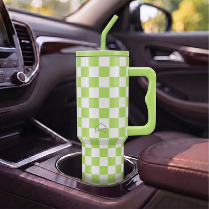 House of Quirk 1200ML Stainless Steel Tumbler with Handle & Lid - Lime Check