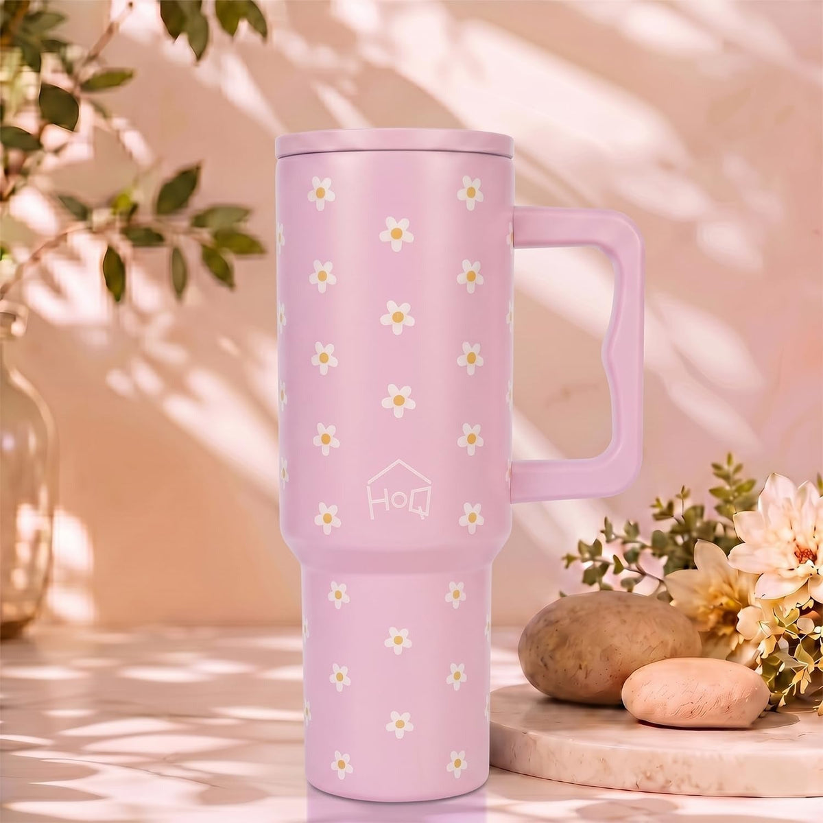 House of Quirk 1200ML Stainless Steel Tumbler with Handle & Lid - Pink Daisy