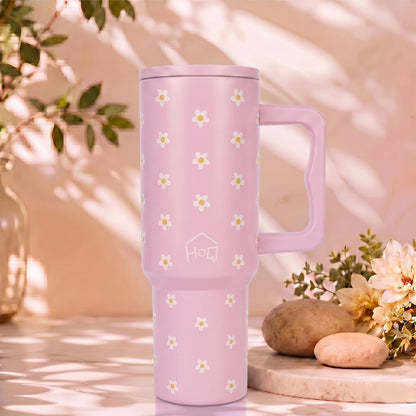 House of Quirk 1200ML Stainless Steel Tumbler with Handle & Lid - Pink Daisy