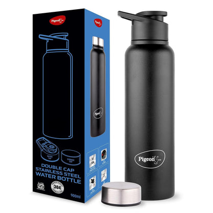 Pigeon Plastic, Stainless Steel Inox Hydra Duo, Dual Cap, All In One Bottle 900Ml, Black