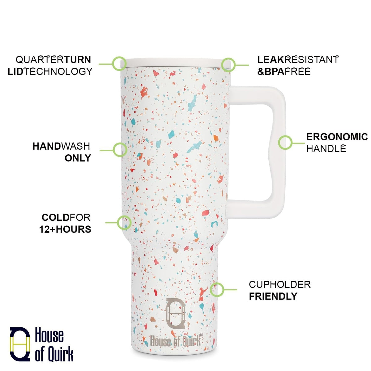House of Quirk 1200ML Stainless Steel Tumbler with Handle & Lid - Cream Paint