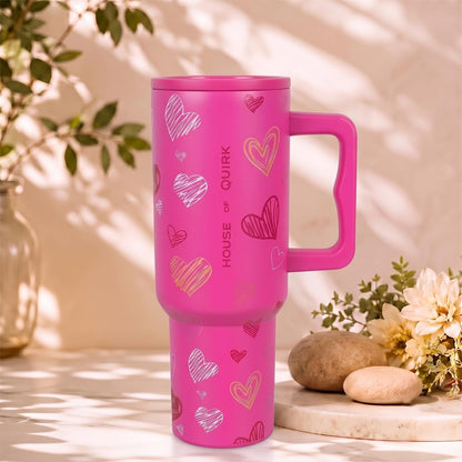 House of Quirk 1200ML Stainless Steel Tumbler with Handle & Lid - Rose Heart