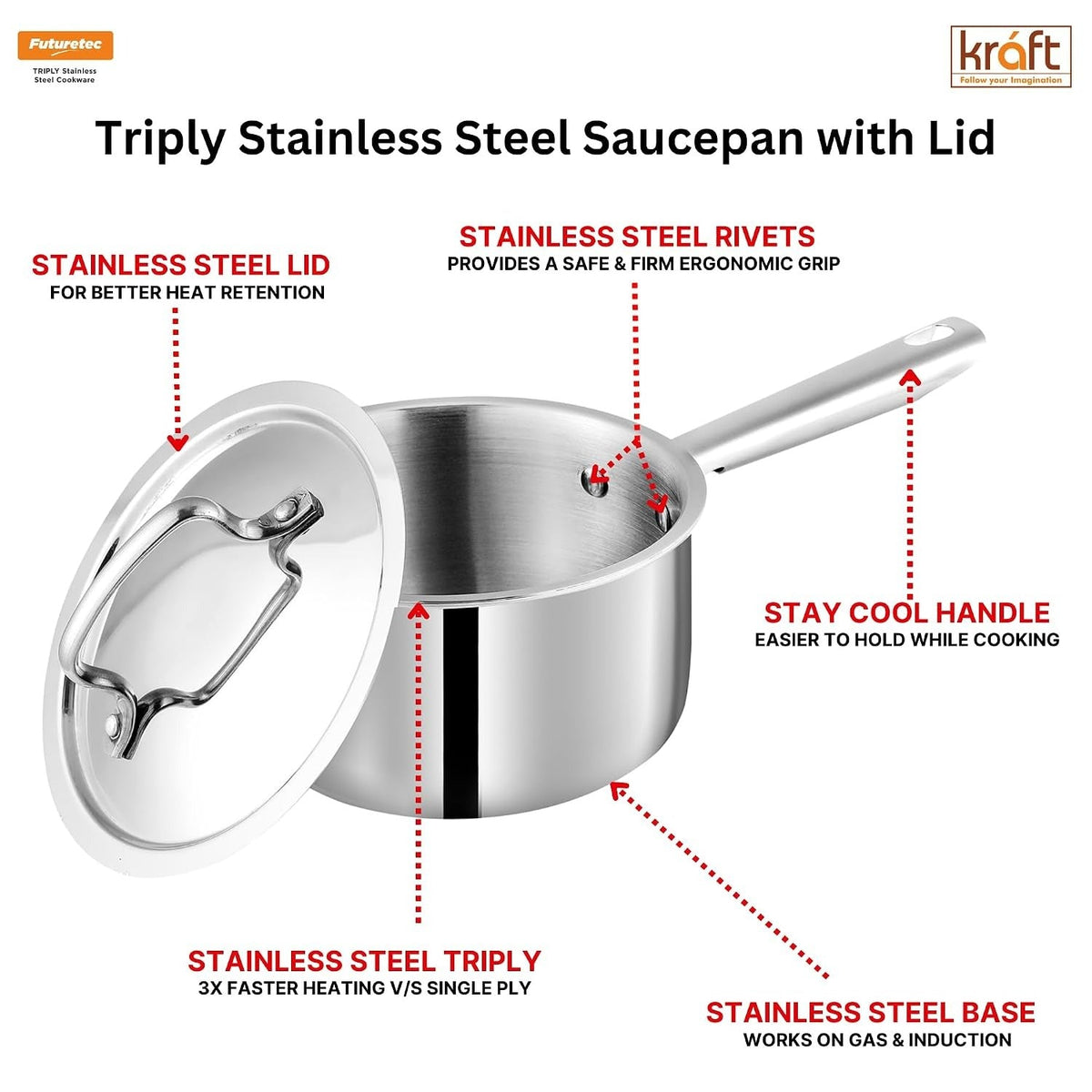 Kraft- follow your imagination Futuretec Triply Stainless Steel Cookware Saucepan With Lid - 1.2 Litre