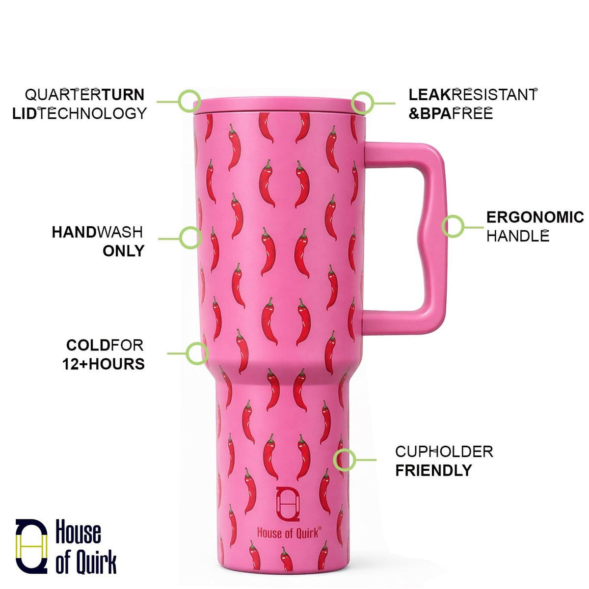 House of Quirk 1200ML Stainless Steel Tumbler with Handle & Lid - Banana Pink
