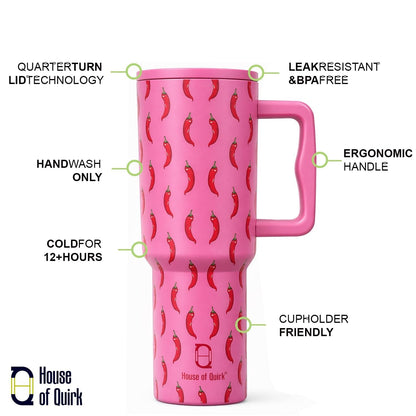 House of Quirk 1200ML Stainless Steel Tumbler with Handle & Lid - Banana Pink