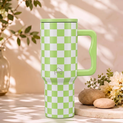 House of Quirk 1200ML Stainless Steel Tumbler with Handle & Lid - Lime Check