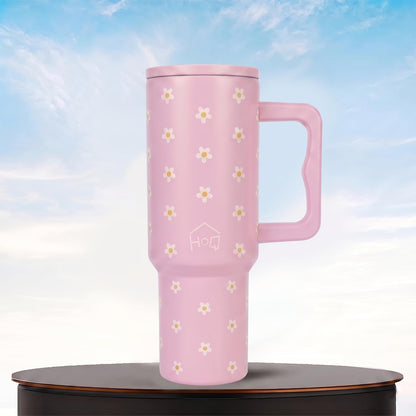 House of Quirk 1200ML Stainless Steel Tumbler with Handle & Lid - Pink Daisy