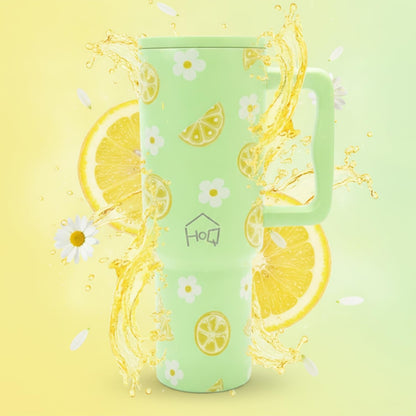 House of Quirk 1200ML Stainless Steel Tumbler with Handle & Lid - Green Lemon