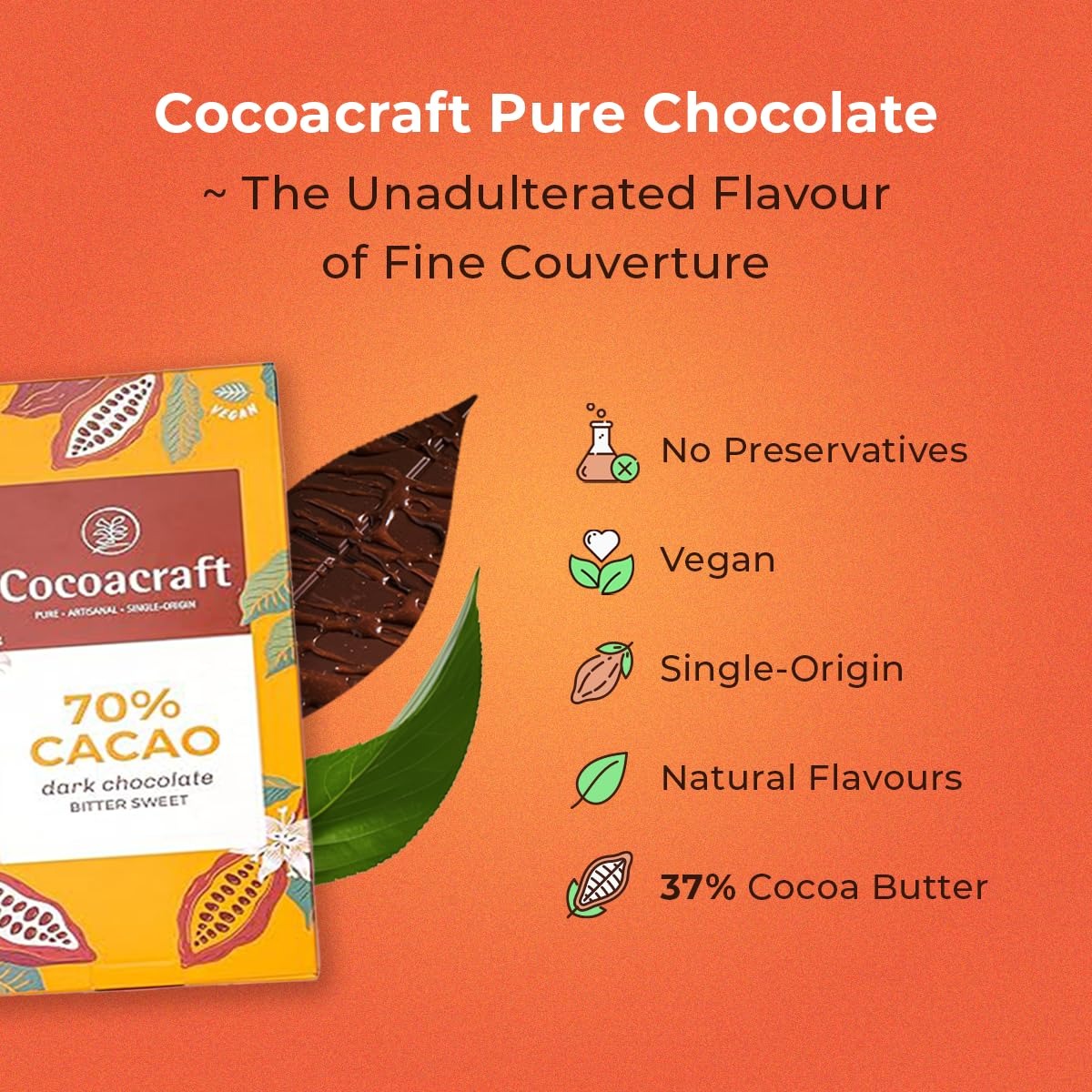 Cocoacraft 70% Bitter Sweet Chocolate Bar  - 80g