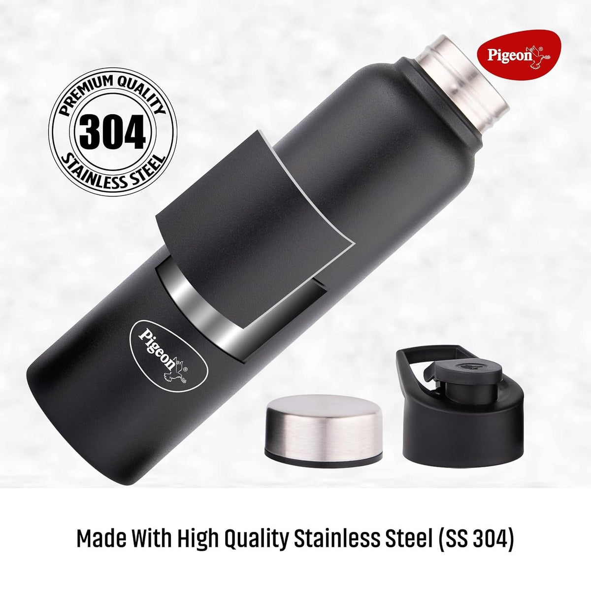 Pigeon Plastic, Stainless Steel Inox Hydra Duo, Dual Cap, All In One Bottle 900Ml, Black