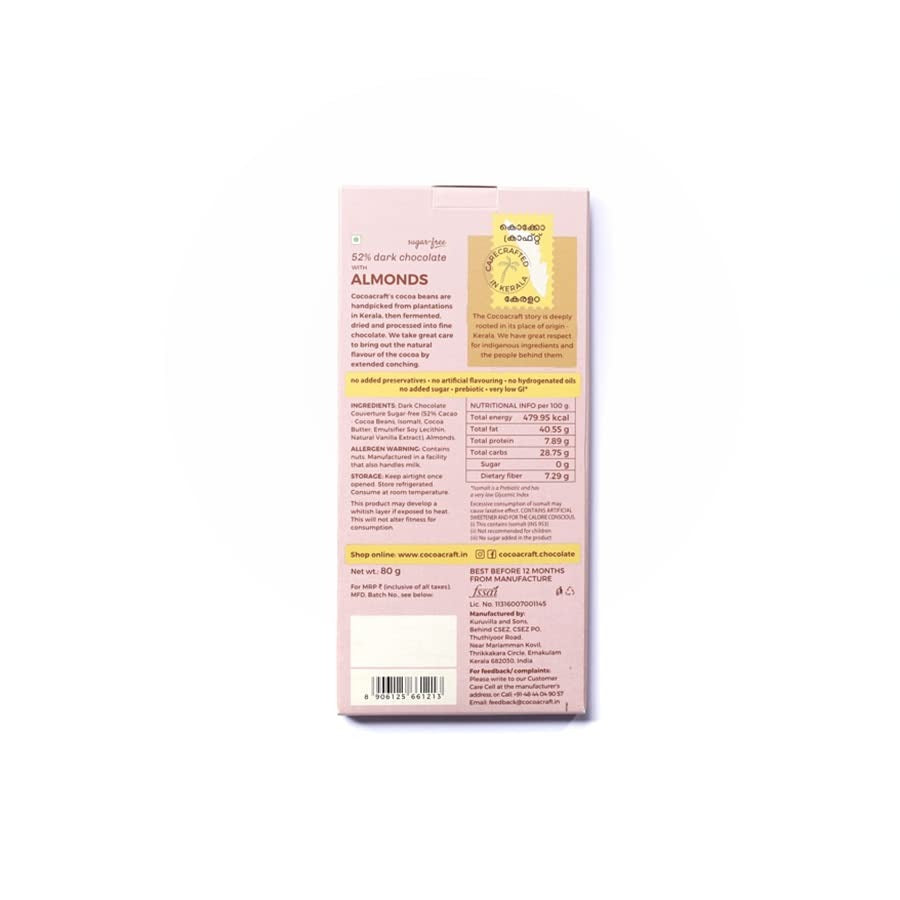 Cocoacraft 52% Mild Dark Chocolate Bar with Almonds - 80g