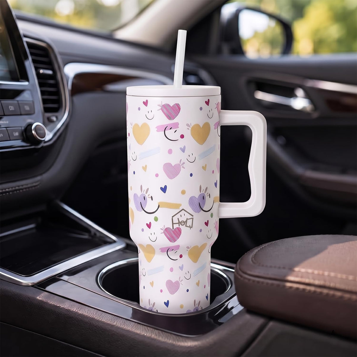 House of Quirk 1200ML Stainless Steel Tumbler with Handle & Lid - White Heart