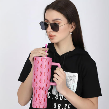 House of Quirk 1200ML Stainless Steel Tumbler with Handle & Lid - Banana Pink