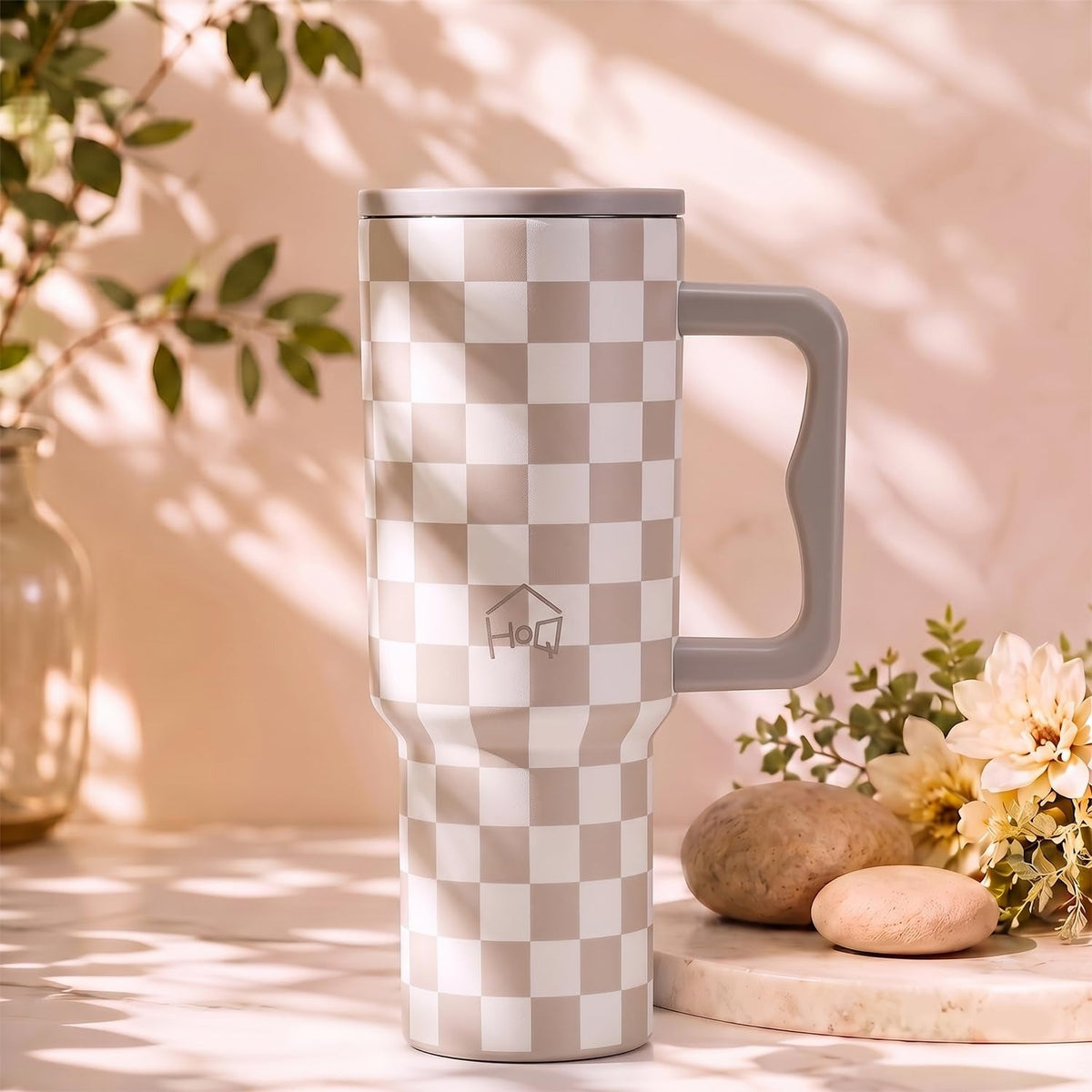 House of Quirk 1200ML Stainless Steel Tumbler with Handle & Lid - Oatmeal Ckeck