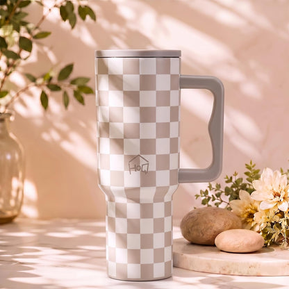 House of Quirk 1200ML Stainless Steel Tumbler with Handle & Lid - Oatmeal Ckeck