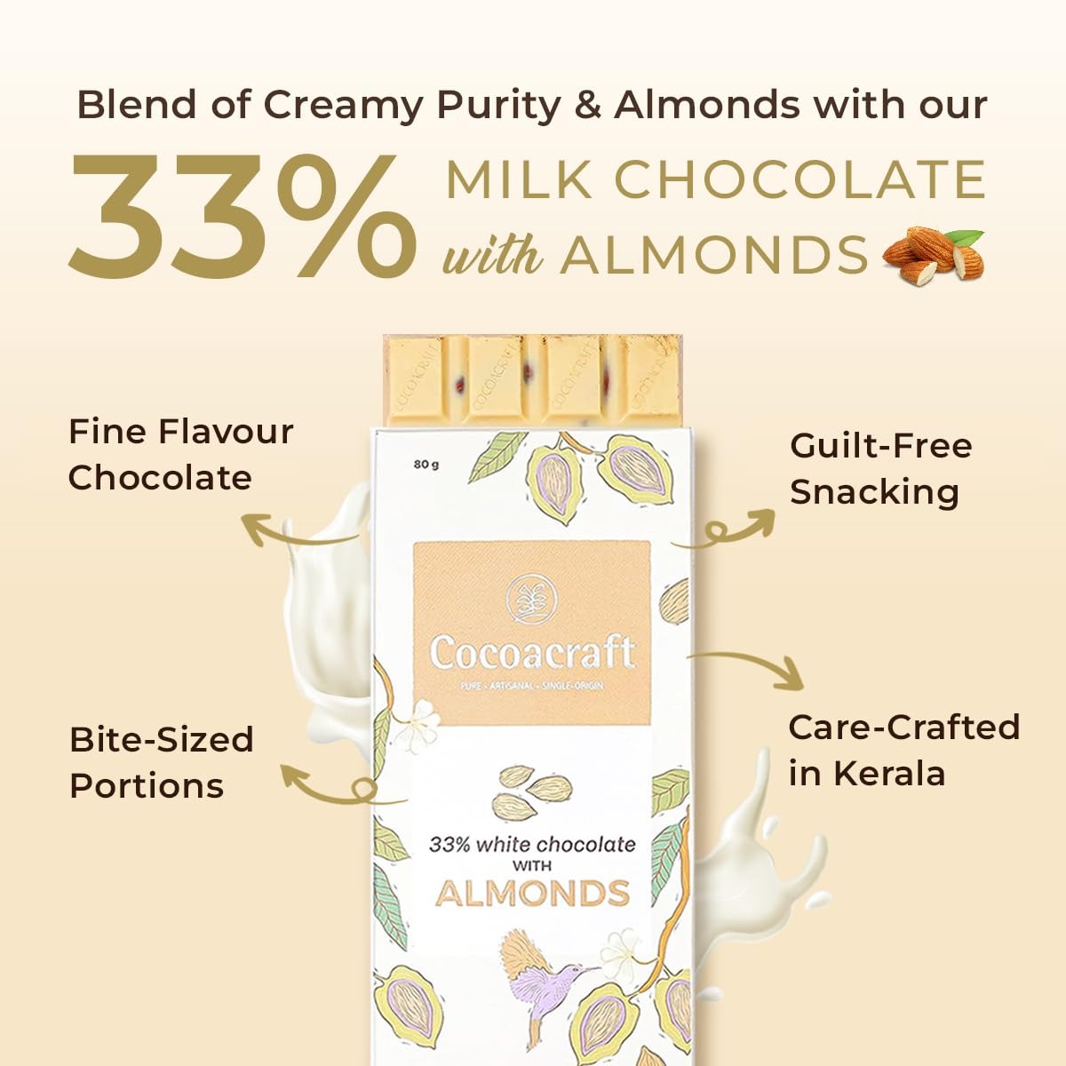 Cocoacraft 33% White Chocolate Bar With Almonds - 80Gram