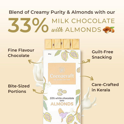 Cocoacraft 33% White Chocolate Bar With Almonds - 80Gram