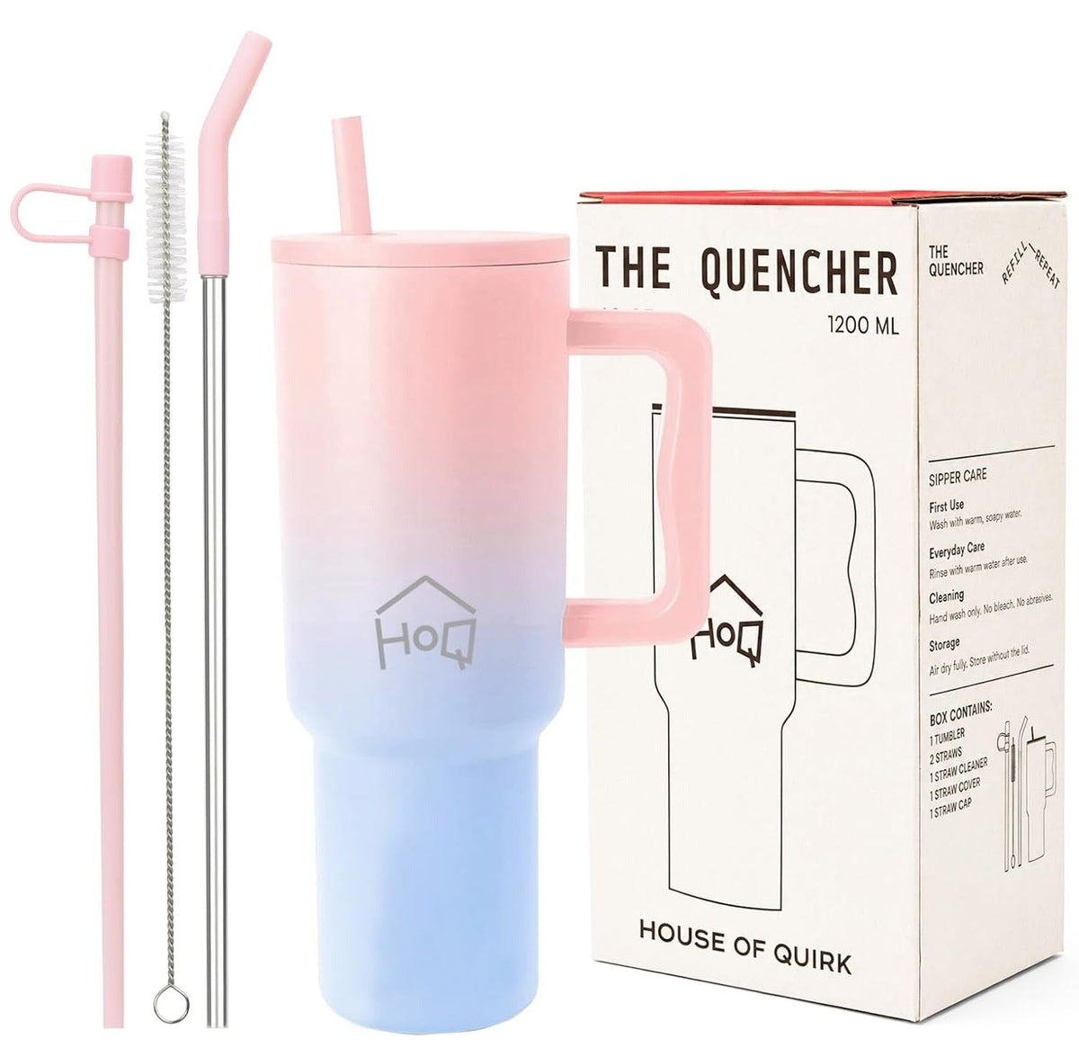 House of Quirk 1200ML Stainless Steel Tumbler with Handle & Lid - Cotton Candy Haze