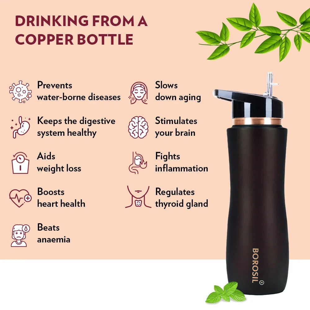 Borosil Sipper Copper Water Bottle Brown 750ml