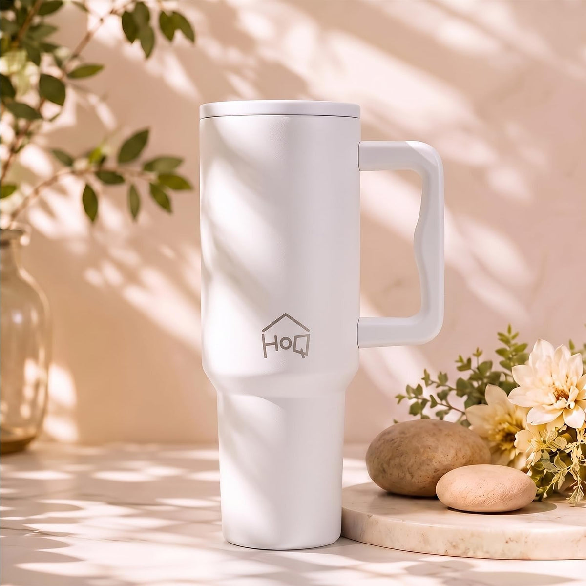 House of Quirk 1200ML Stainless Steel Tumbler with Handle & Lid - white