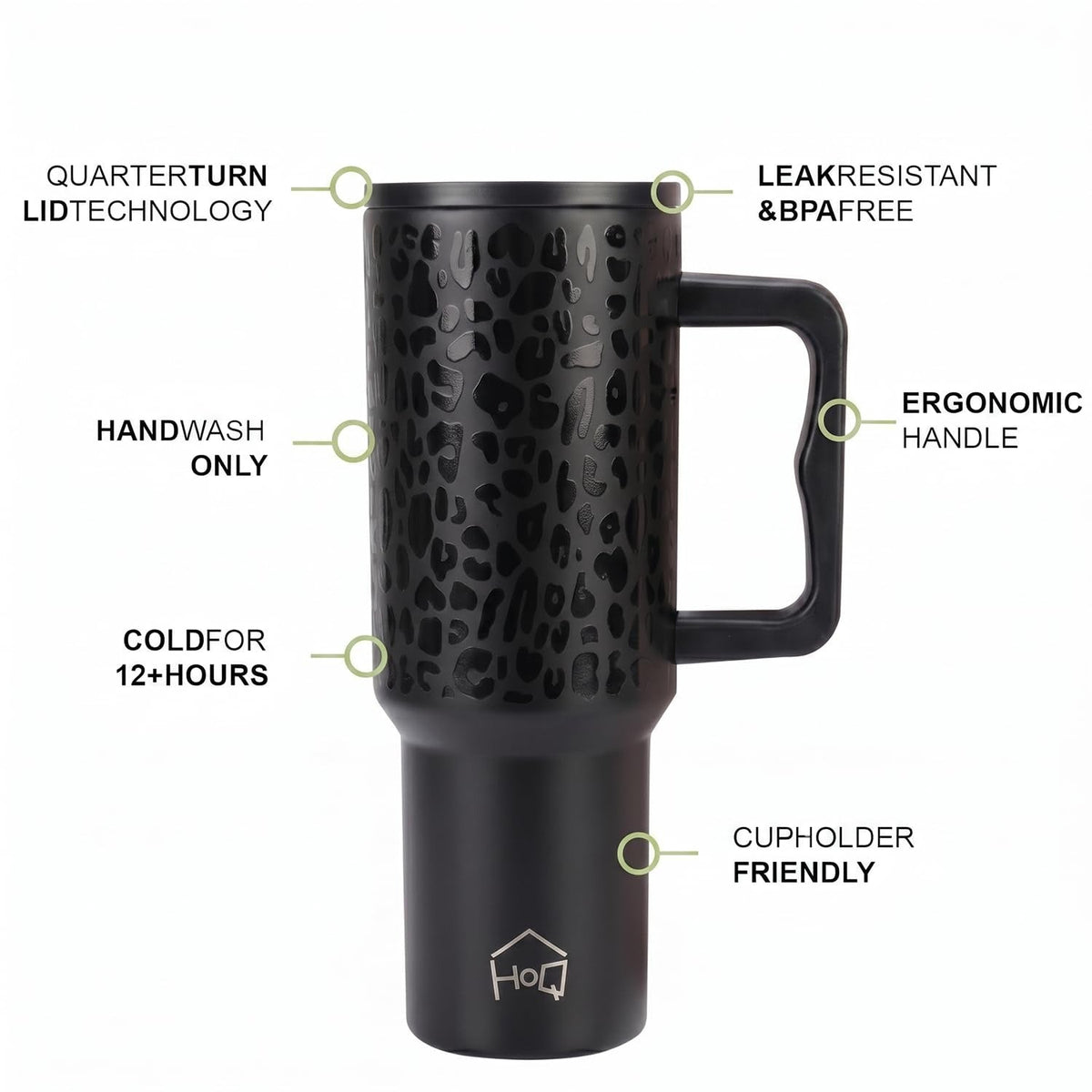 House of Quirk 1200ML Stainless Steel Tumbler with Handle - Black Leapard