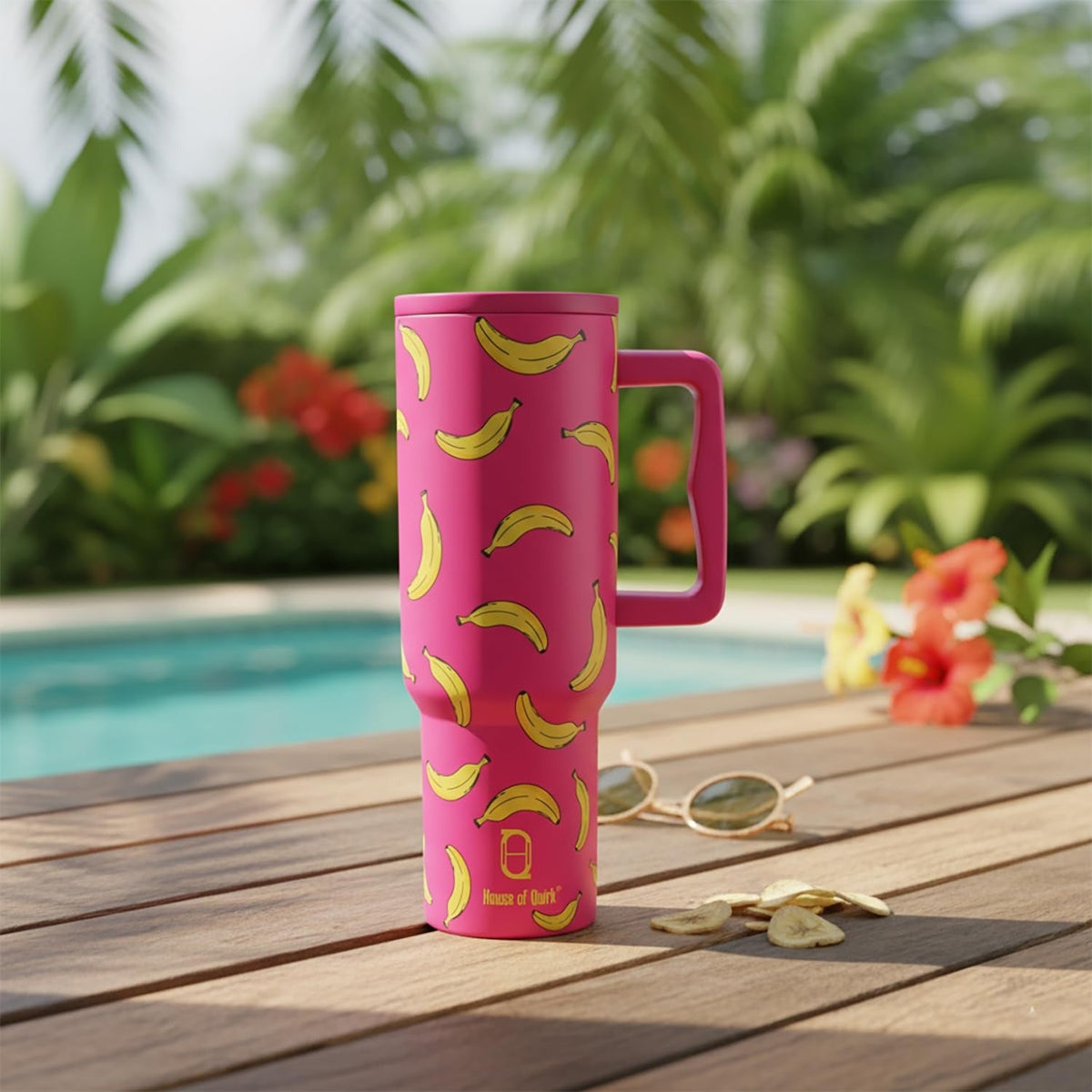 House of Quirk 1200ML Stainless Steel Tumbler with Handle & Lid - Banana Pink