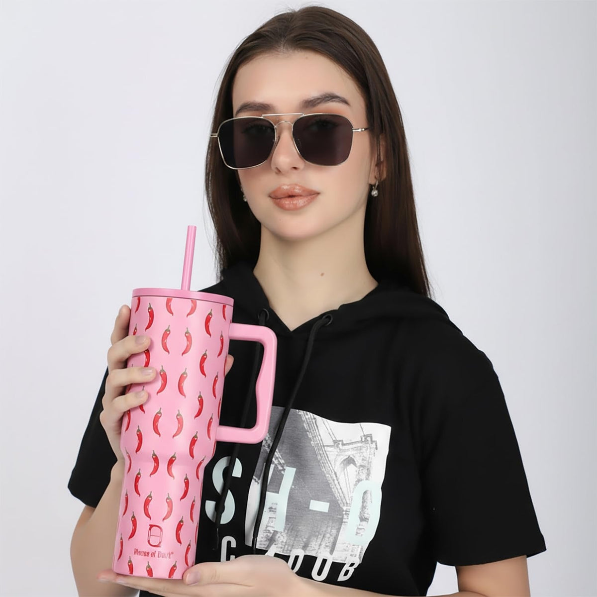 House of Quirk 1200ML Stainless Steel Tumbler with Handle & Lid - Banana Pink