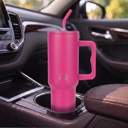 House of Quirk 1200ML Stainless Steel Tumbler with Handle & Lid - Raspberry