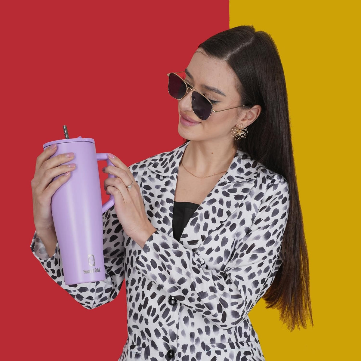 House of Quirk 1200ML Tumbler with Handle and 2 Straw Flip Lid - Lavender