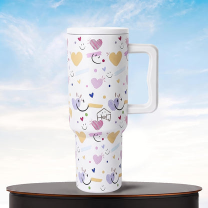 House of Quirk 1200ML Stainless Steel Tumbler with Handle & Lid - White Heart
