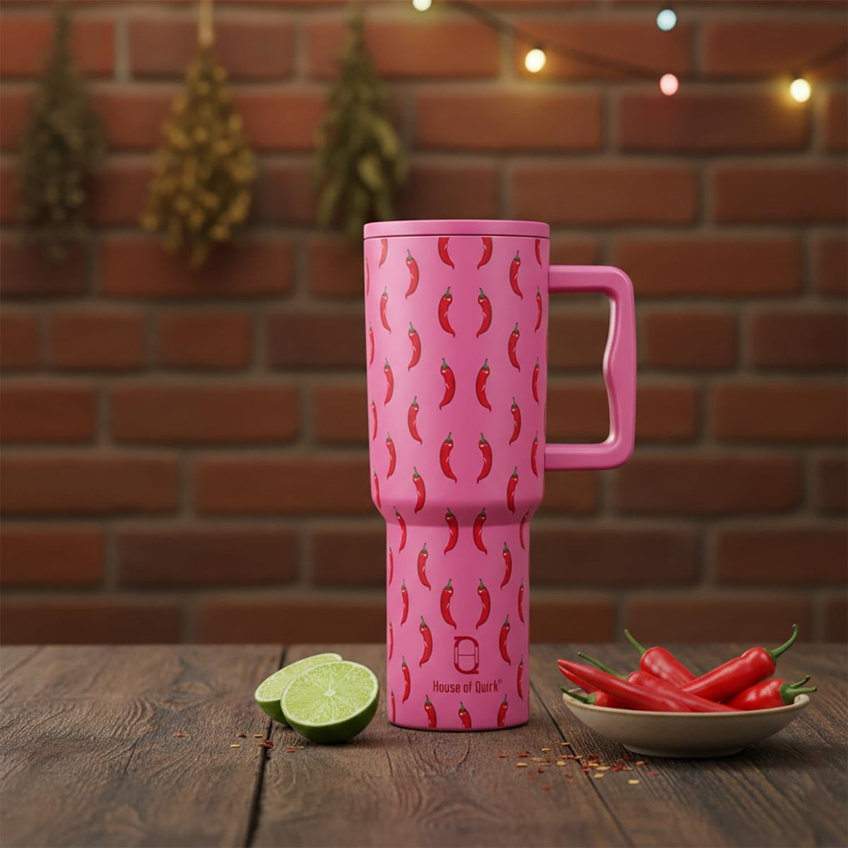 House of Quirk 1200ML Stainless Steel Tumbler with Handle & Lid - Banana Pink
