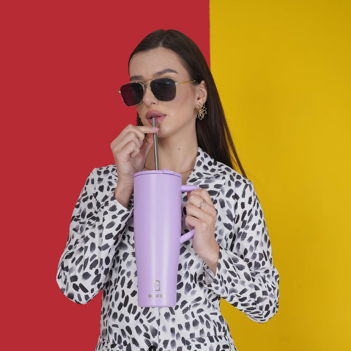 House of Quirk 1200ML Tumbler with Handle and 2 Straw Flip Lid - Lavender