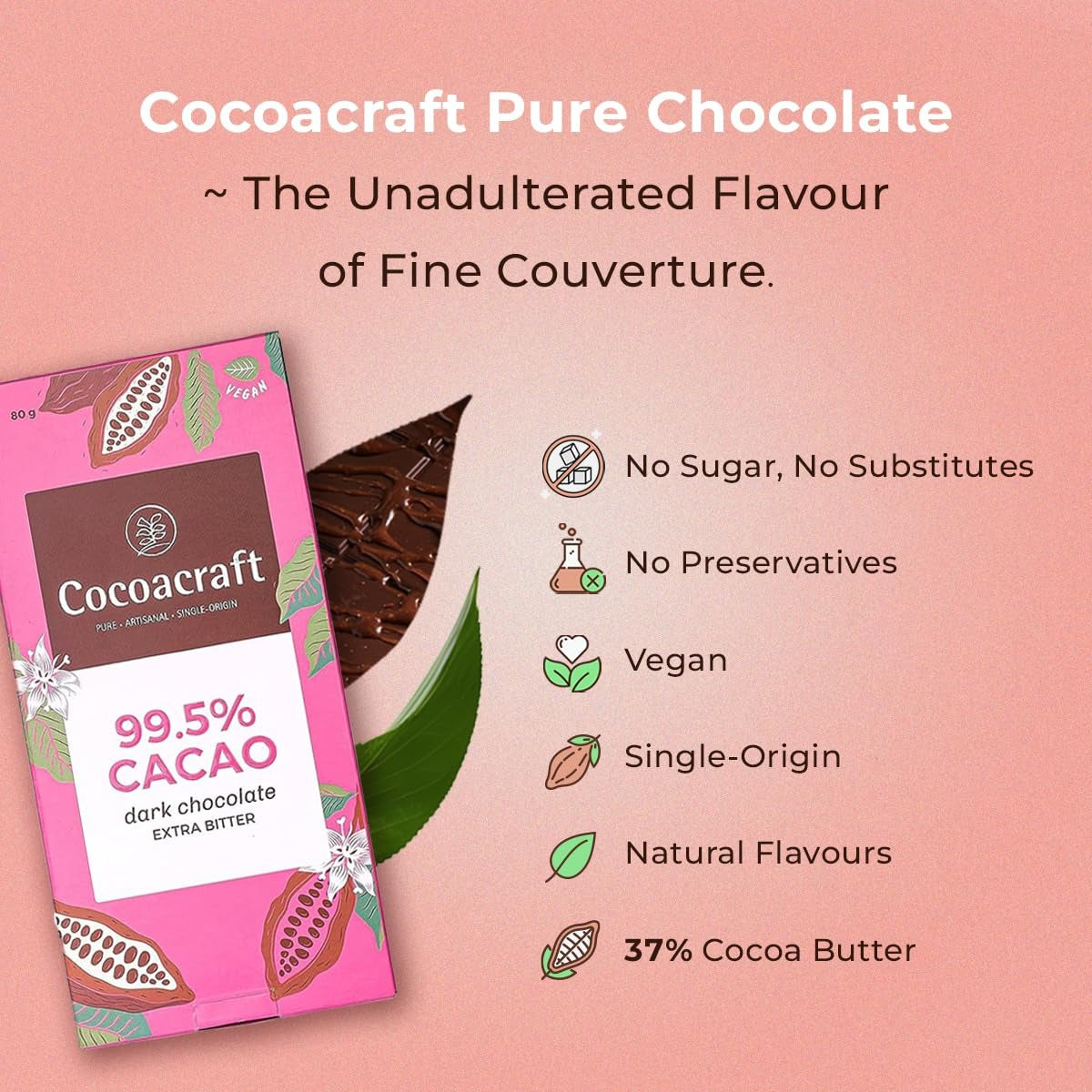 Cocoacraft 99.5% Bitter Dark Chocolate Bar - 80 grams