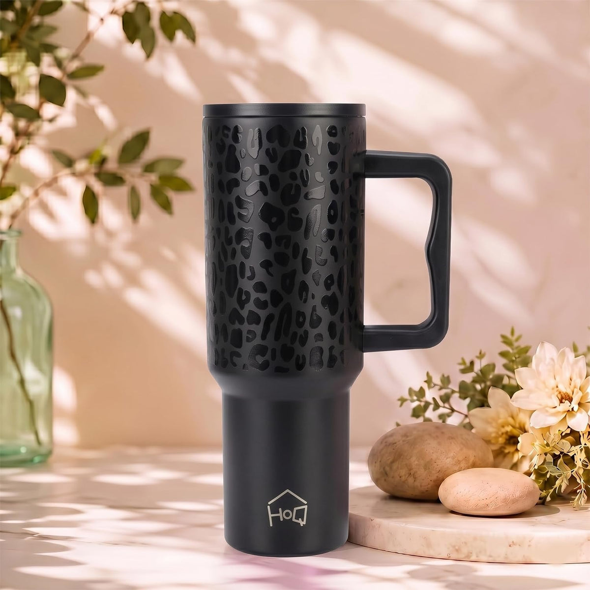 House of Quirk 1200ML Stainless Steel Tumbler with Handle - Black Leapard