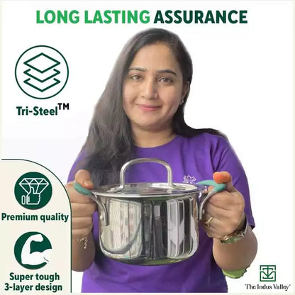 The Indus Valley Tri-Ply Stainless Steel Stockpot Casserole Biryani Pot with Steel Lid